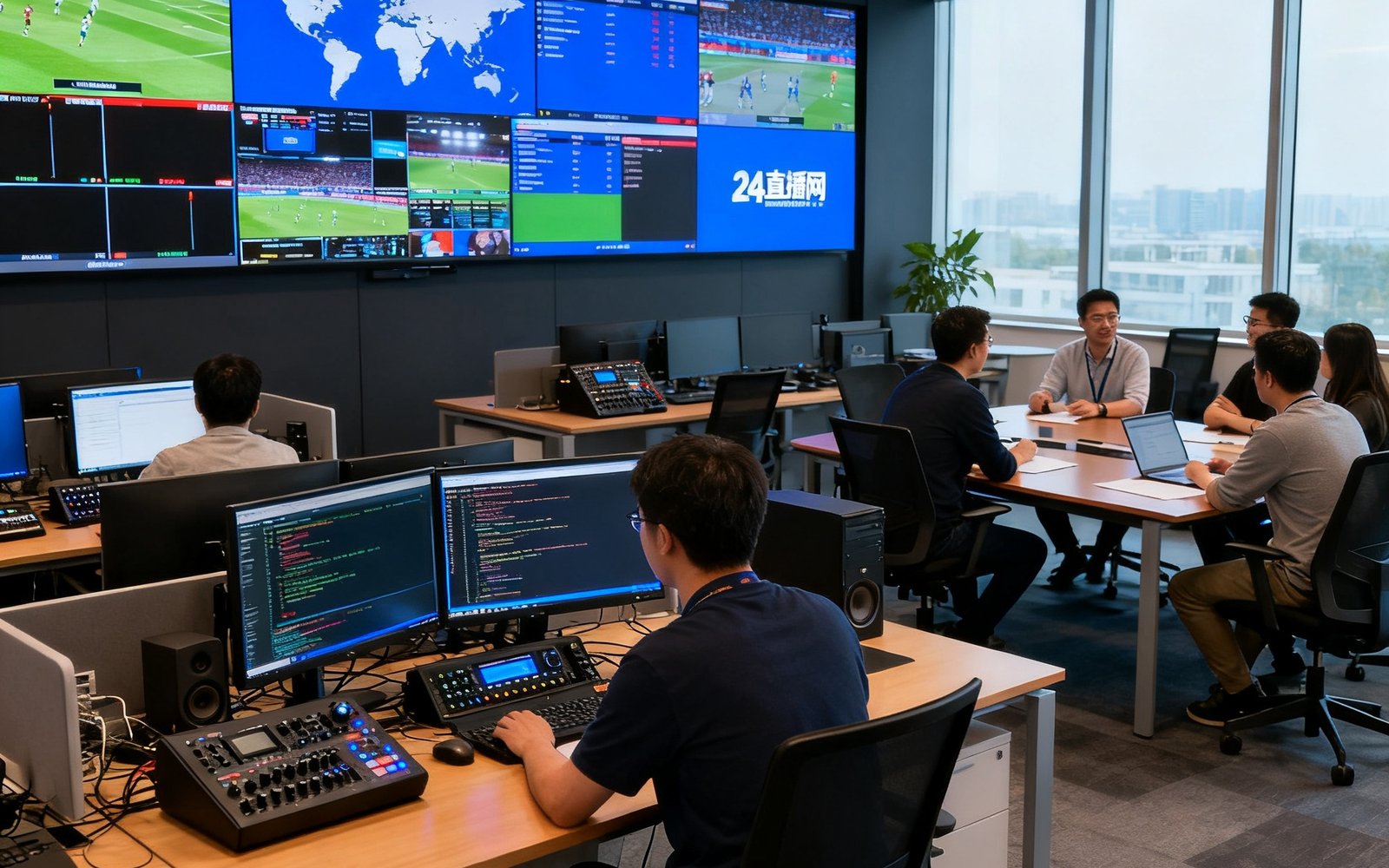 24直播网核心团队成员在开放式办公室中协作工作的场景，墙上的大屏幕实时显示全球赛事直播信号，工程师们正在调试编码设备，会议室里产品经理在讨论新功能方案。